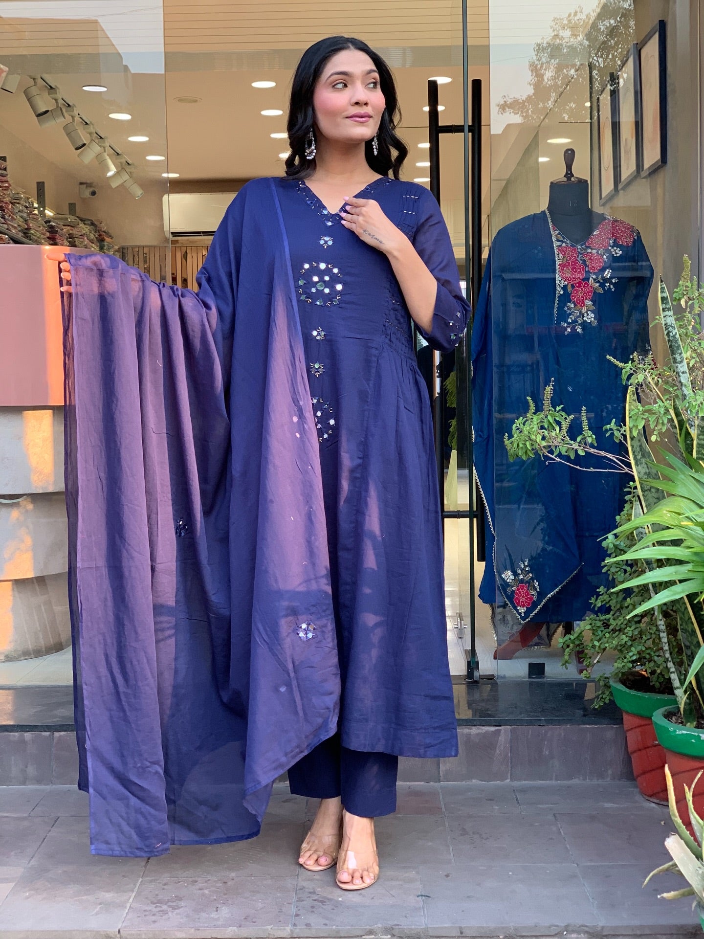 Navy Blue Mirror-Work Straight Kurta Set with Dupatta