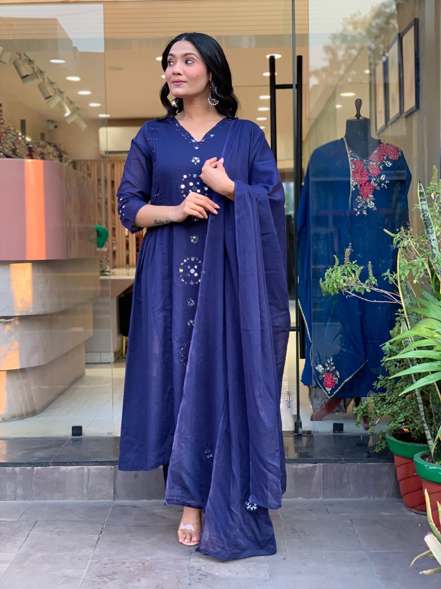Navy Blue Mirror-Work Straight Kurta Set with Dupatta