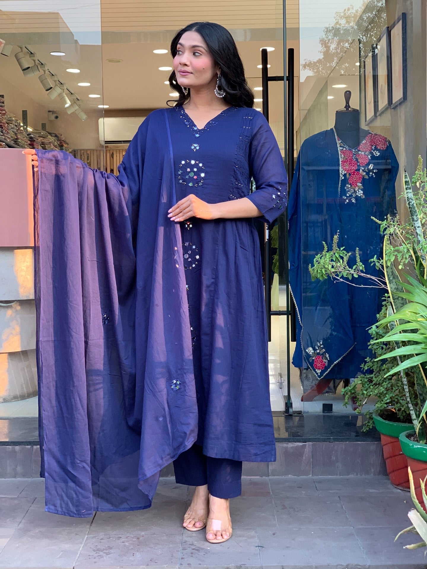 Navy Blue Mirror-Work Straight Kurta Set with Dupatta