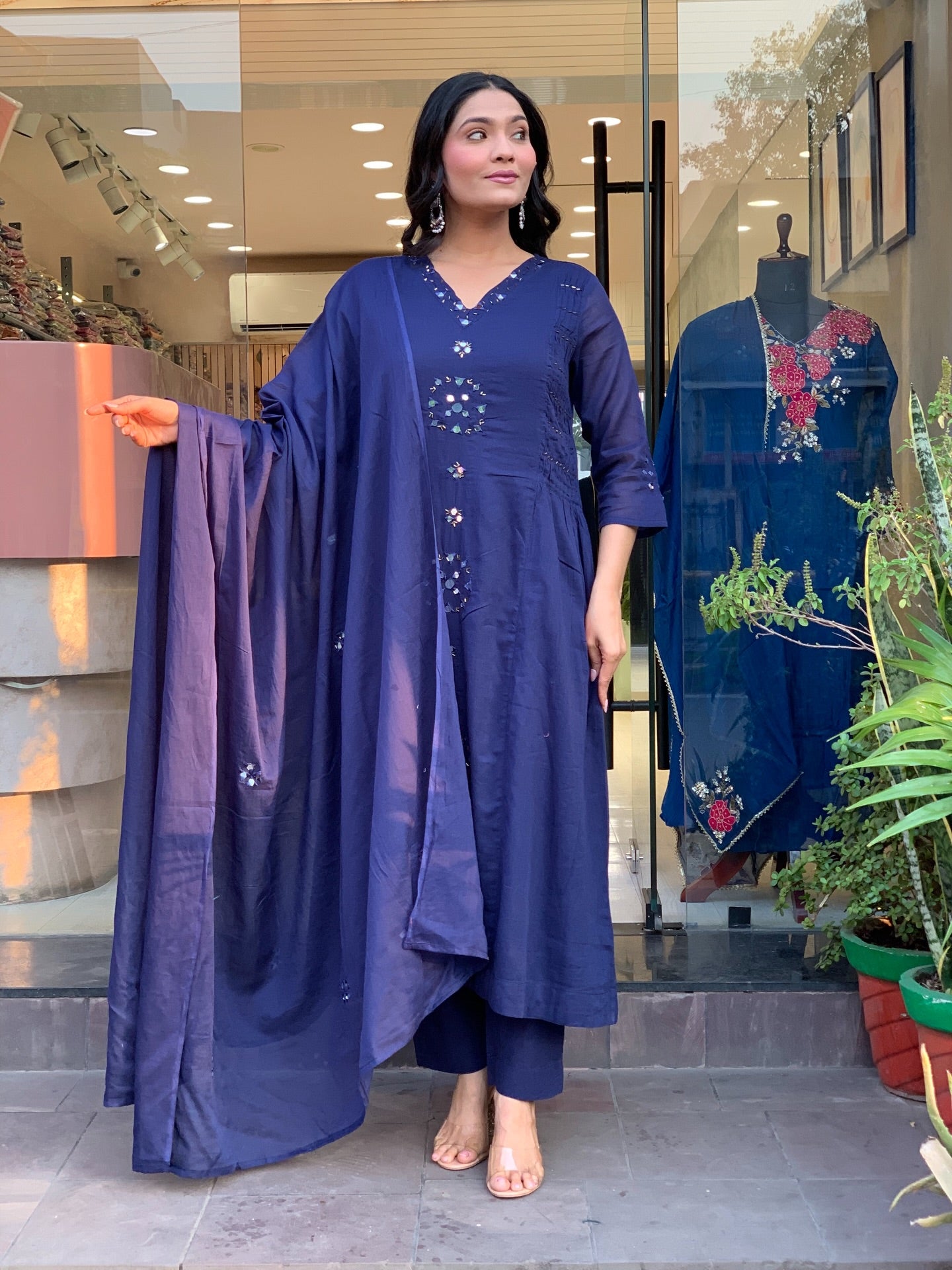 Navy Blue Mirror-Work Straight Kurta Set with Dupatta