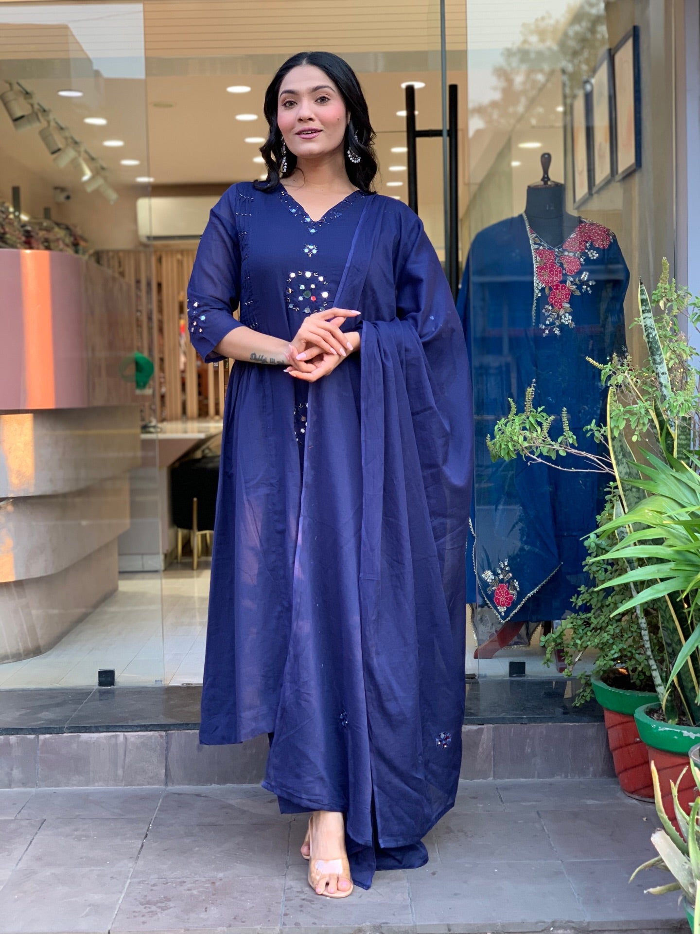 Navy Blue Mirror-Work Straight Kurta Set with Dupatta