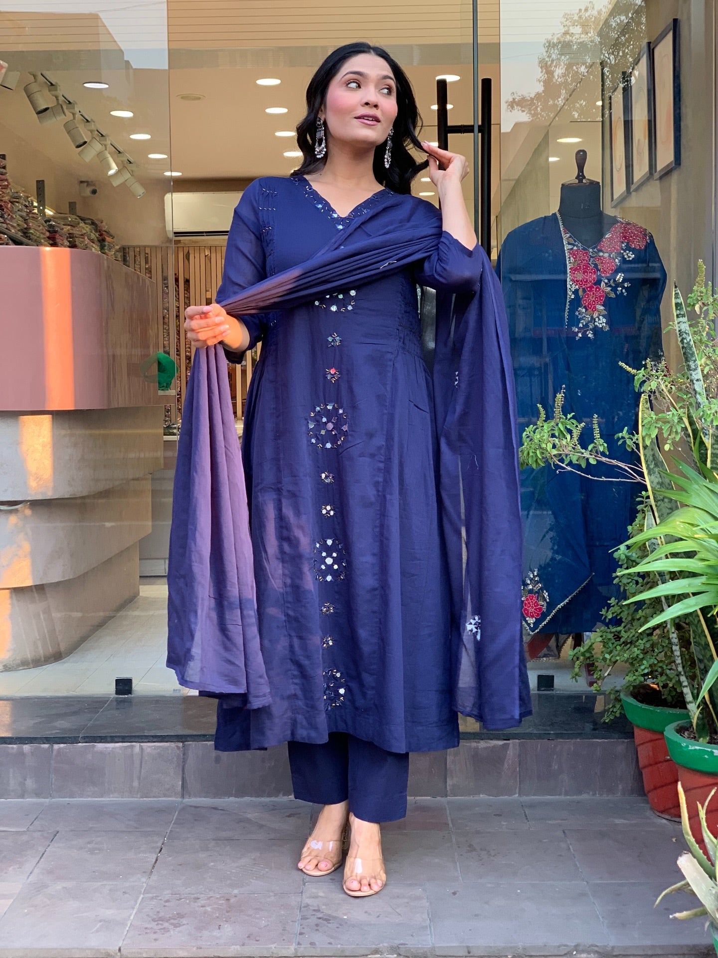 Navy Blue Mirror-Work Straight Kurta Set with Dupatta