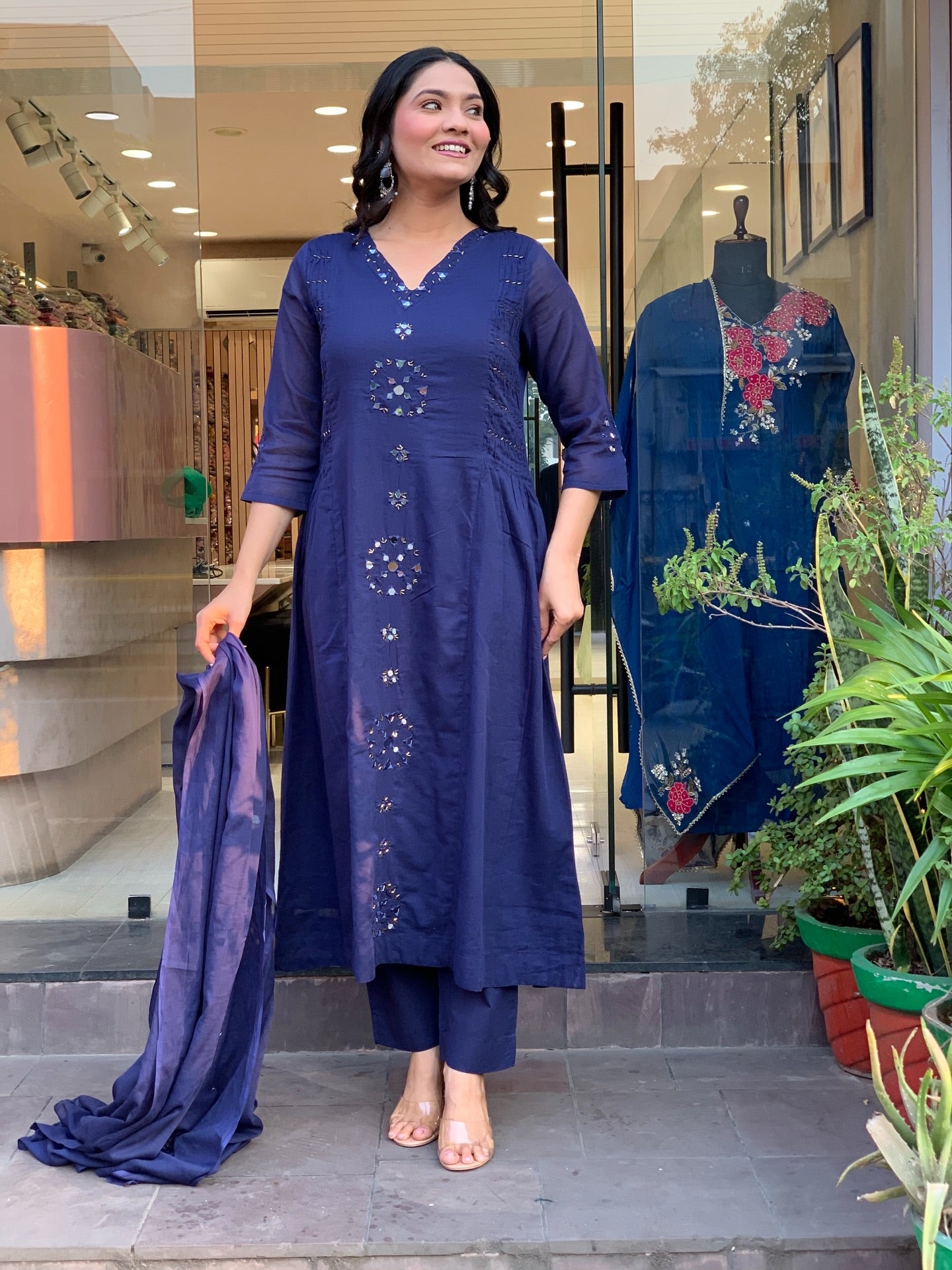Navy Blue Mirror-Work Straight Kurta Set with Dupatta