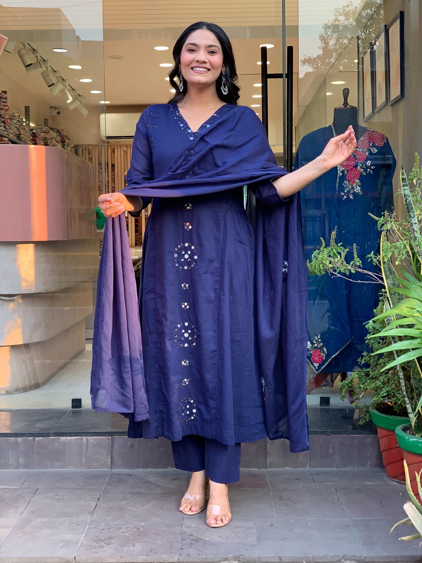 Navy Blue Mirror-Work Straight Kurta Set with Dupatta