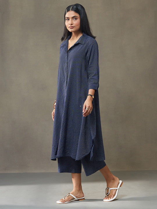 Women’s Navy Blue Striped Kurta with Culottes Set
