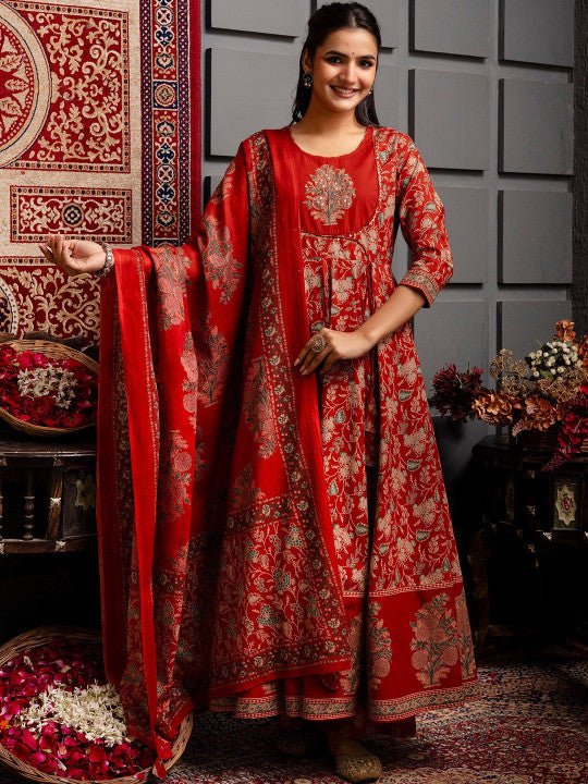 Deep Red Printed Anarkali Kurta Set with Dupatta – Festive & Wedding Wear Ensemble