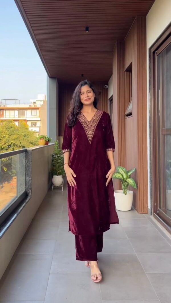 Wine Velvet Embroidered Kurta Set with Heavy Lace-Work Dupatta