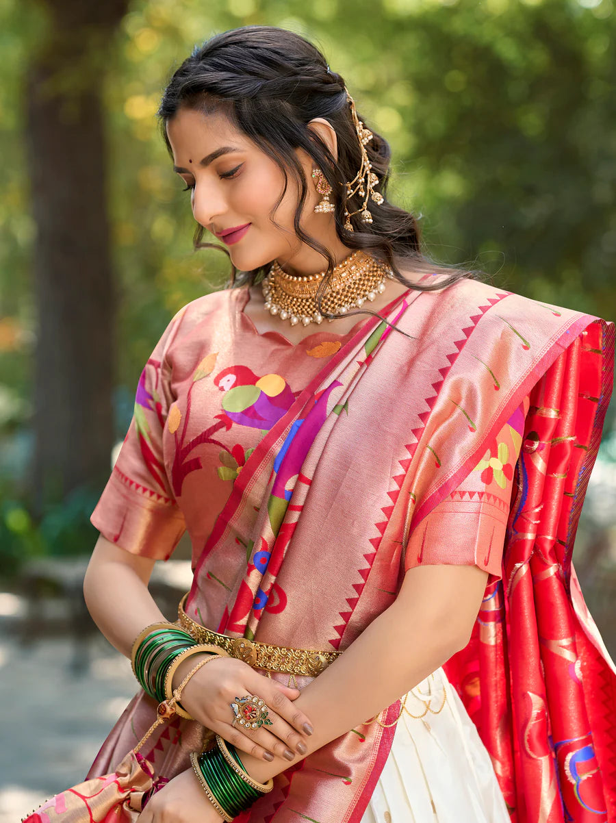 White Color Weaving Zari Work Jacquard Silk Lehenga Choli