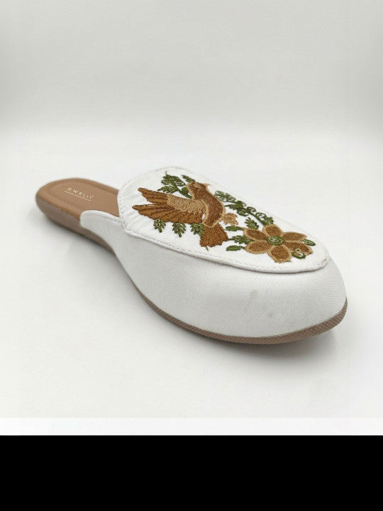 Brown Bird Embroidered Ethnic Mule Flats for Women