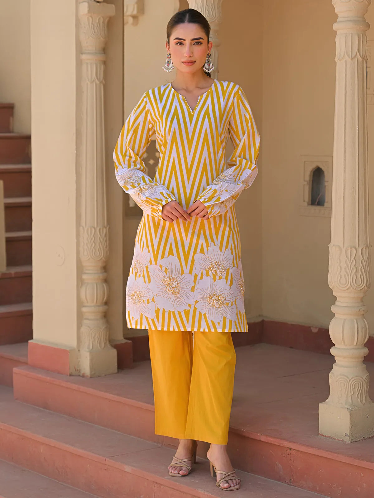 Abstract Floral Stripes Printed & Embroidered Straight Fit Kurta with Pant
