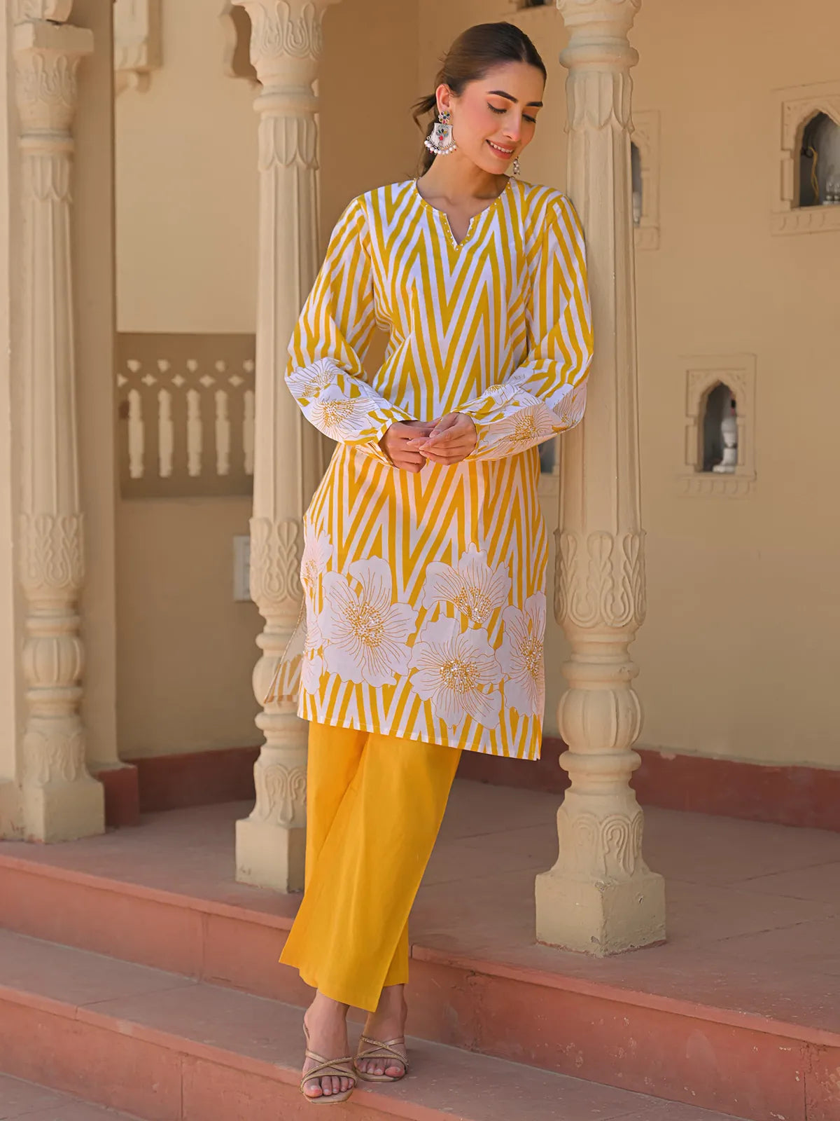 Abstract Floral Stripes Printed & Embroidered Straight Fit Kurta with Pant