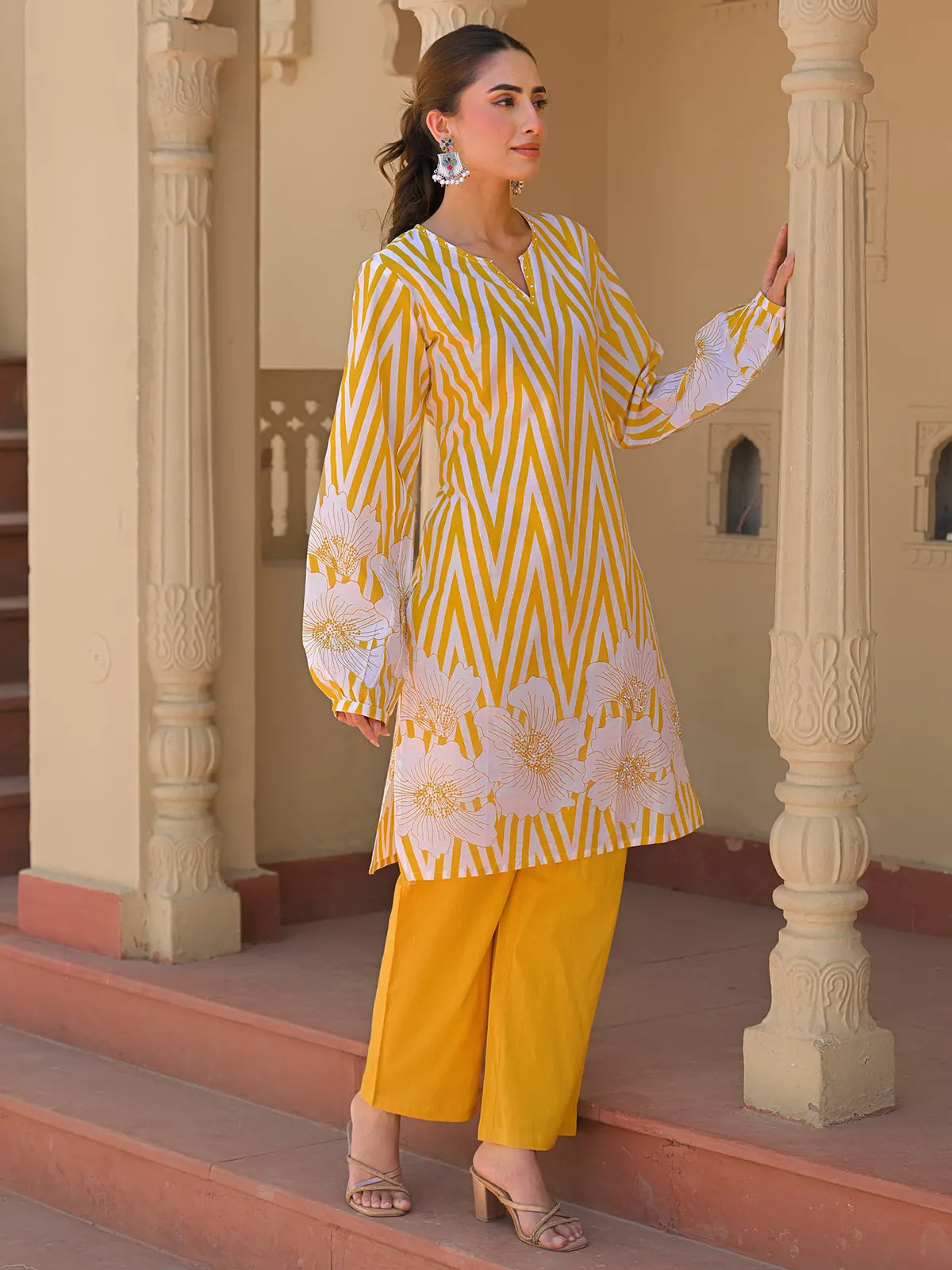 Abstract Floral Stripes Printed & Embroidered Straight Fit Kurta with Pant