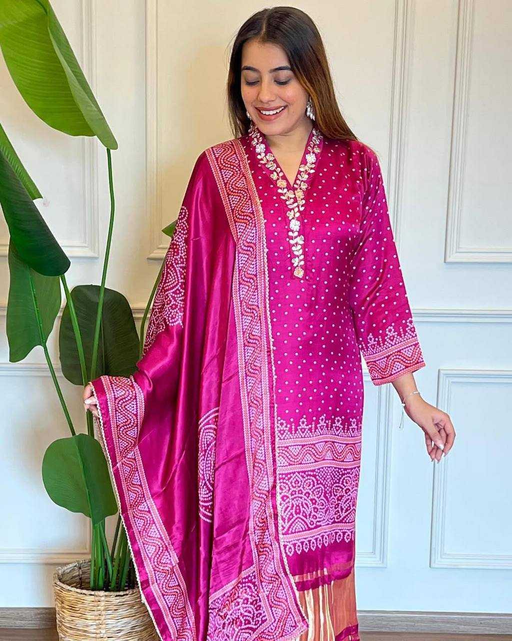 Magenta Silk Kurta Set with Bandhani Print & Embroidered Dupatta