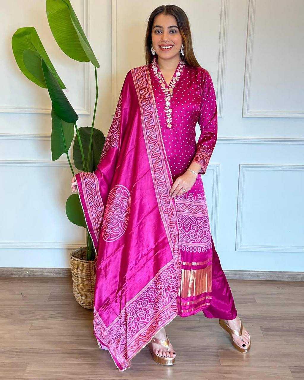 Magenta Silk Kurta Set with Bandhani Print & Embroidered Dupatta