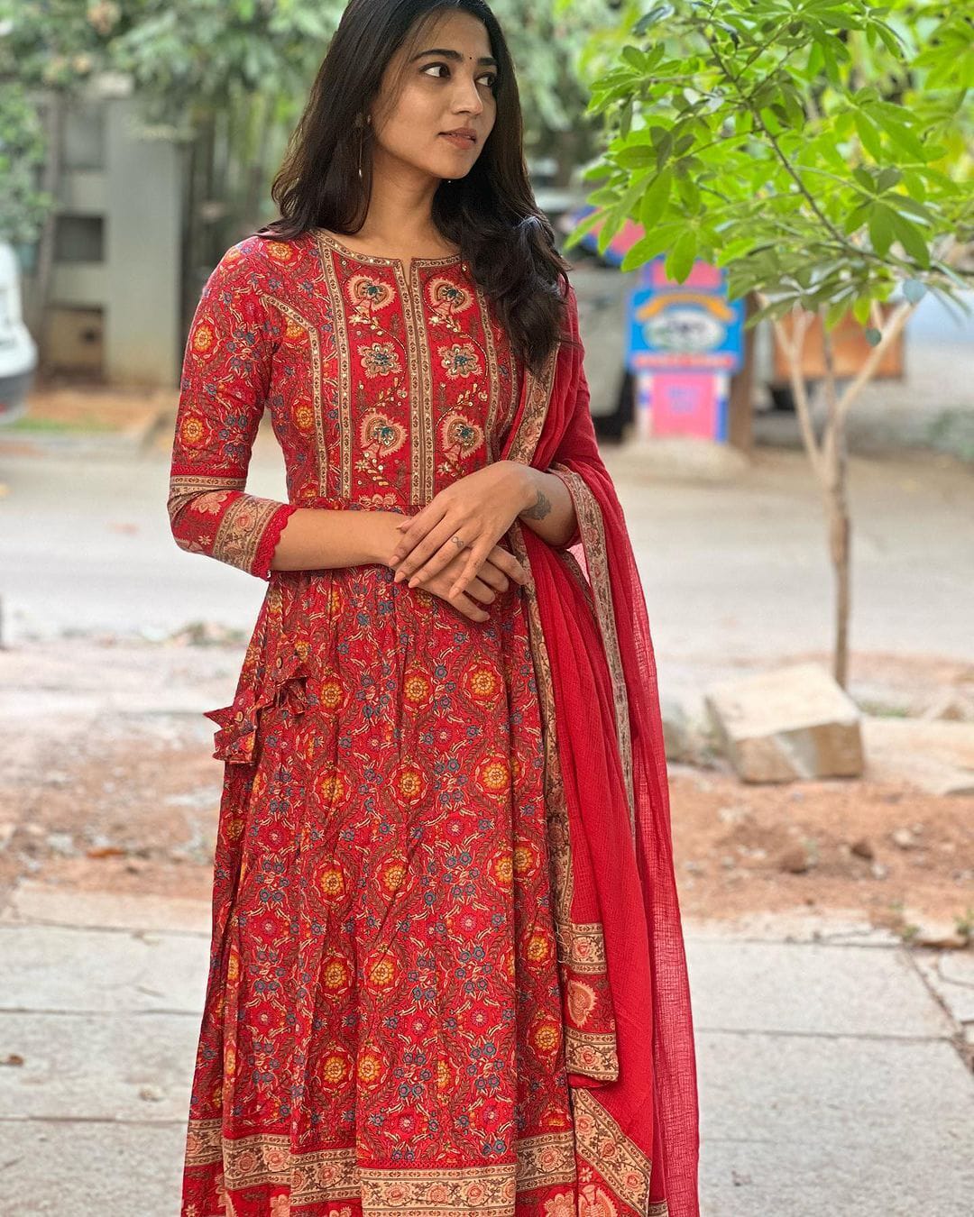 Red Anarkali Pure Cotton Kurta set